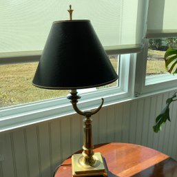 Heavy Brass Lamp With Black Textured Shade And Gold Interior On Shade