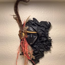 Handmade Black Papermache / Fabric Mask With Feathers And Straw