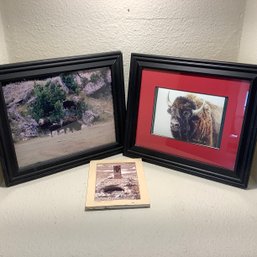 3 Small Art Pieces, Bison Signed Kathy Sigle, RIP Photo Mounted And Matted 'the Great Escape' By Jim Sheets