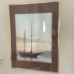 XL Double Masted Schooner At Moor Framed Art Print, Signed Lower Right. 18 X 25 Inch