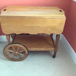 Pine Bar Cart With Sides That Fold Down, Unique Interior Shelf.