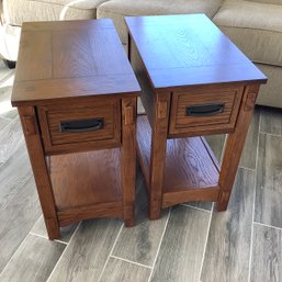 Pair Of Mission Oak Style End Tables With Drawer And Lower Shelf
