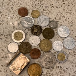 Assorted Coins And Elephant Pill Box