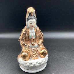 Asian Porcelain Statue, Bisque Face, High Gloss Gold Attire, Heavily Detailed