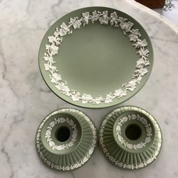 3 Piece Wedgwood Sage Green Set, 2 Candle Holders And Elevated Candy Dish Or Pillar