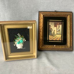2 Mini Pictures, Pieter De Hooch Print, Woman With Child In A Pantry. Rufi Signed Clay Picture.