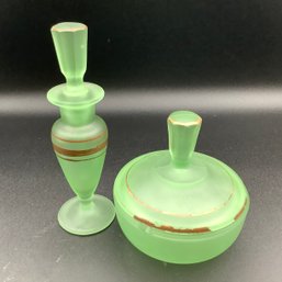 Perfume Bottle And Vanity Jar, Green Glass With Gold Trim