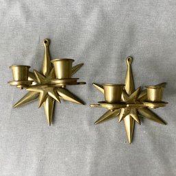 Pair Of Brass MCM Starburst Wall Mounted Dual Candle Sconces