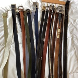 17 Mens Belts And Belt Hangar, Including Leather, Nocona, Orvis, Levis Canvas