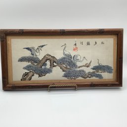 Vintage Asian Ink & Watercolor Of Nesting Egrets