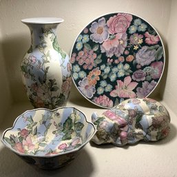 4 Piece Porcelain Lot, 3 Matching Hand Painted In Macao And One Floral Plate