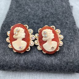 Costume Cameo Clip Earrings With Rhinestones