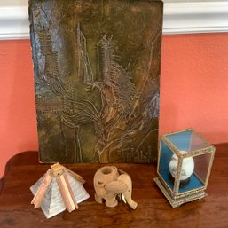 4 Piece Collectible Lot, Stone Mayan Temple, Eagle On Egg, Wooden Elephant And Apparition Of The 12 Apostles