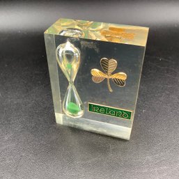 Ireland Paperweight With Lucky Clover And Hourglass