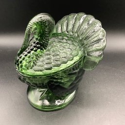 Vintage Green Glass Lidded Candy Dish In Shape Of Turkey