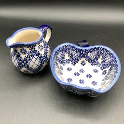 2 Piece Porcelain, Labeled Hand Made In Poland, Creamer And Small Apple Shaped Dish