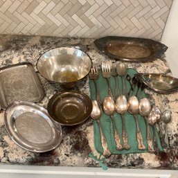 Silver Plated Serving Pieces, Brazil Silver, One Sterling Spoon And Pewter Bowl, Gorham, Pilgrim