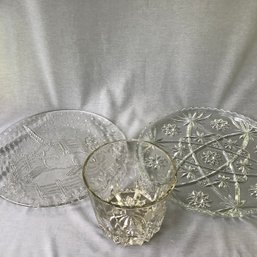 Unicorn Platter, Cut Glass Platter And Large Etched Glass Bowl
