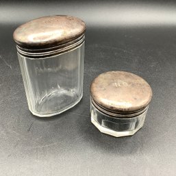 Antique Pair Of English Ladies Vanity Jars, Glass With Silver Plated Lids
