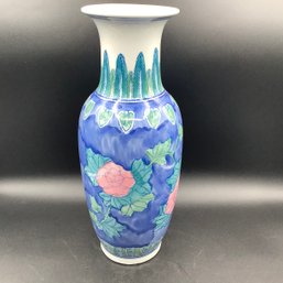 Vintage Large Blue And White Porcelain Vase With Touches Of Pink