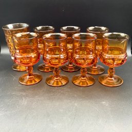 7 Indiana Glass Kings Crown Thumbprint Goblets, Amber Color, One Bonus Iced Tea Glass