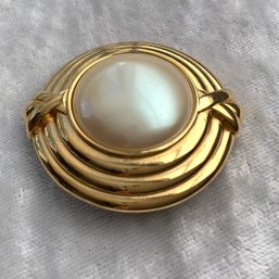 Signed Monet Pin Or Brooch- Bold Styling With Faux White Stone In Center