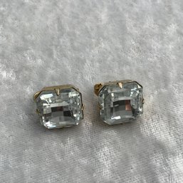 Signed Designer Valentino Clip Earrings With Faceted Square Shape Clear Stones