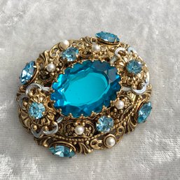 Exquisite Vintage Brooch With Large Center Blue Stone And Faux Pearls, Made In Germany