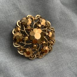 Signed Vintage Weiss Brooch, Gold Faceted Metal Flowers Interlaced In Open Weave Design