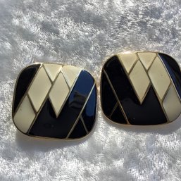 Trifari Signed Bold Cream, Black And Gold Geometric Clip Earrings