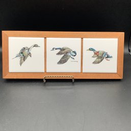 Signed 3 Tile Ceramic Trivet With Flying Ducks, Use As Hot Plate Or Decor, By Angler's Expressions