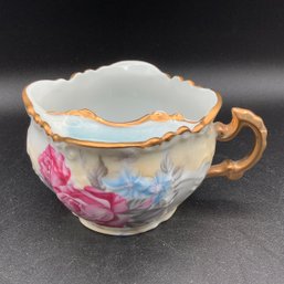 Mustache Cup, Porcelain With Floral Design, Gilt Rim And Handle