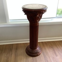 1940s Mahogany Carved Wood Pillar With Marble Inset