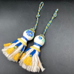2 Tassels, Hand Painted Porcelain, Blue, White And Yellow