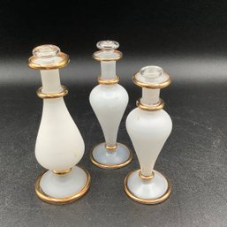 3 Perfume Bottles, Frosted White Hand Blown Glass With Gold Trim And Daubers