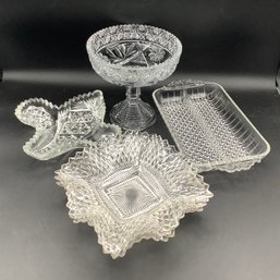 Mixed Glass Lot, Candy Dish, 3 Ruffle Dishes, Divided Dish And Fleur De Lis Shape McKee Pres Cut
