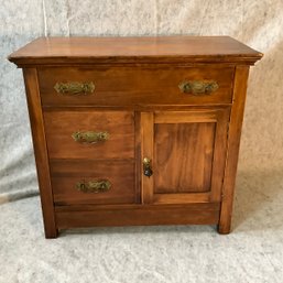 1930's Pine Washstand With Tin Stamped Handles And Teardrop Pull