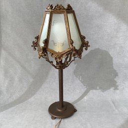 1920s Filigree Slag Lamp With Etched Glass Shade Panels