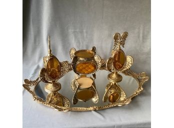 4 Piece Art Nouveau Vanity Set With 2 Perfume Bottles, Mirror And Jewelry Holder