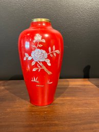 Vintage Japanese Red Enamel Mother Of Pearl Inlay Vase