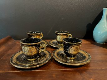 Set Of (5) Vintage Greek Tea Cups And Saucers Hand Made In Greece 24 Karat