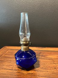 Vintage Cobalt Blue Glass Miniature Oil Kerosene Lamp Nutmeg Chimney