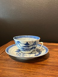 Antique Chinese Porcelain Canton Blue Tea Bowl Cup & Saucer