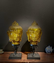 Pair Of  Glass Buddha Head On Wood & Iron Stand 18' Tall