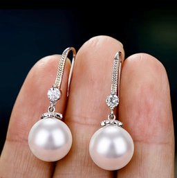 Faux Pearl Drop Hook Earrings Silver Plated