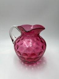 Antique Cranberry Thumbprint Glass Pitcher With Clear Glass Handle