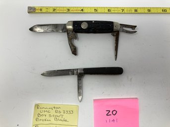Knife Lot #20.  2 Pocket Knives Remington Pocket Knives 1. UMC 3 Rs3333 Boy Scout (broken Blade). 2. Model 157