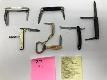 Knife Lot. 27--group 6 Knives Advert Knives  Incl. Mer 3 Bladeincl Roberson, American Druggist, Coca Cola Etc