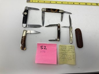 Knife Lot Of 5  Schrader Walden W/leather Case 2. Frost Culery. 3. Kon-Kab Schrade/Walden 4. Utica GS Knife 5.