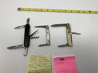 Knife Lot #54. Thee Pocket Knives Munchin 2 Blade Corkscrew 2. AH Wadsworth MOP 3. Kinv-Ind E-tuna